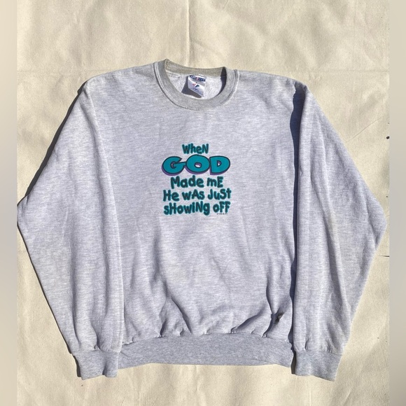 Vintage 90s Jerzees Heather Gray Novelty Religious Graphic Crewneck Sweater Med - Picture 1 of 5